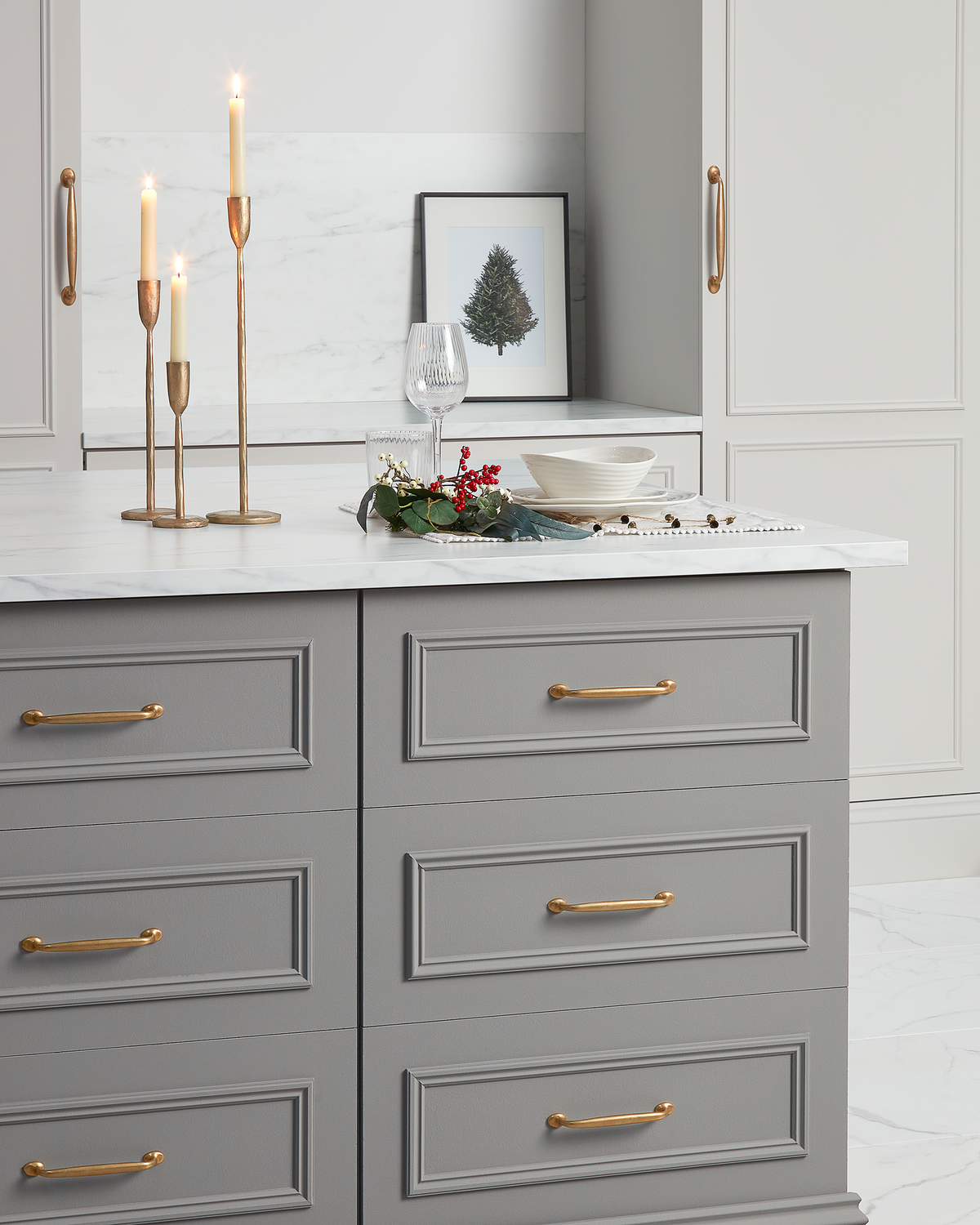 minimal neutral kitchen space with understated festive decor