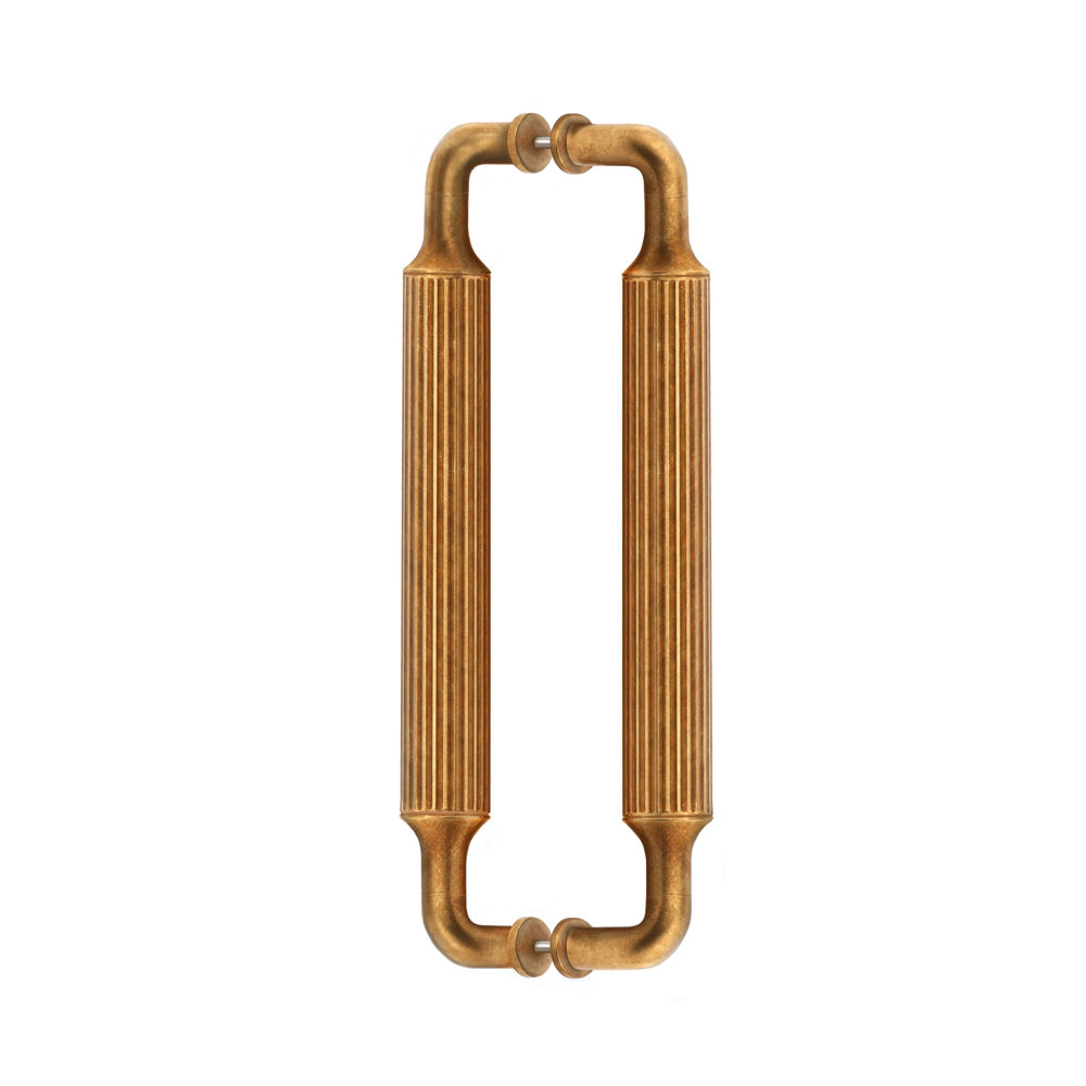 Barwick Ridged Back to Back Pull Handles in our aged brass (BEL) finish