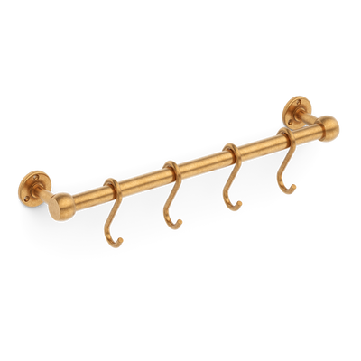 Cotswold Slim Pot Rail & S Hooks shown in our aged brass (BEL) finish.