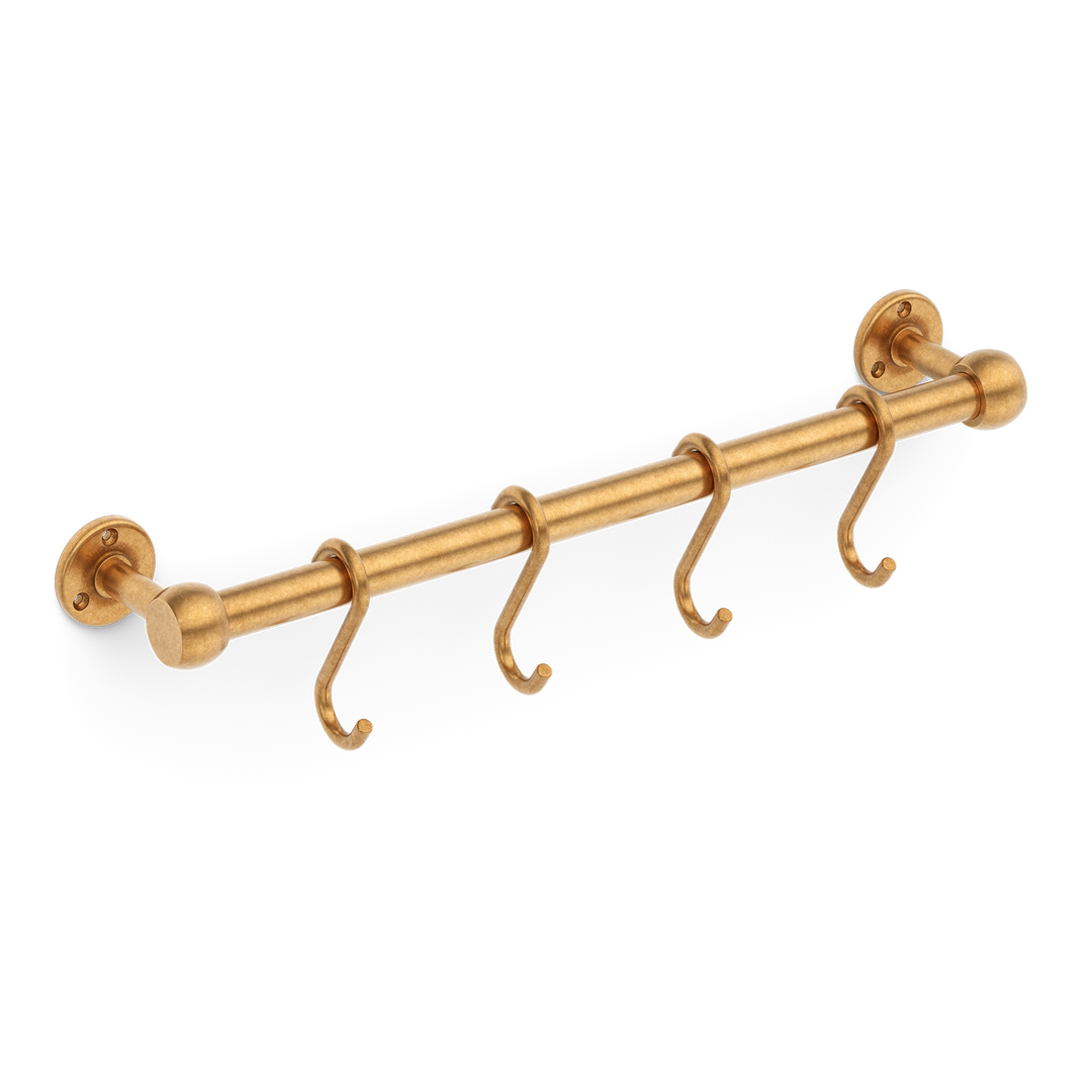 Cotswold Slim Pot Rail & S Hooks shown in our aged brass (BEL) finish.