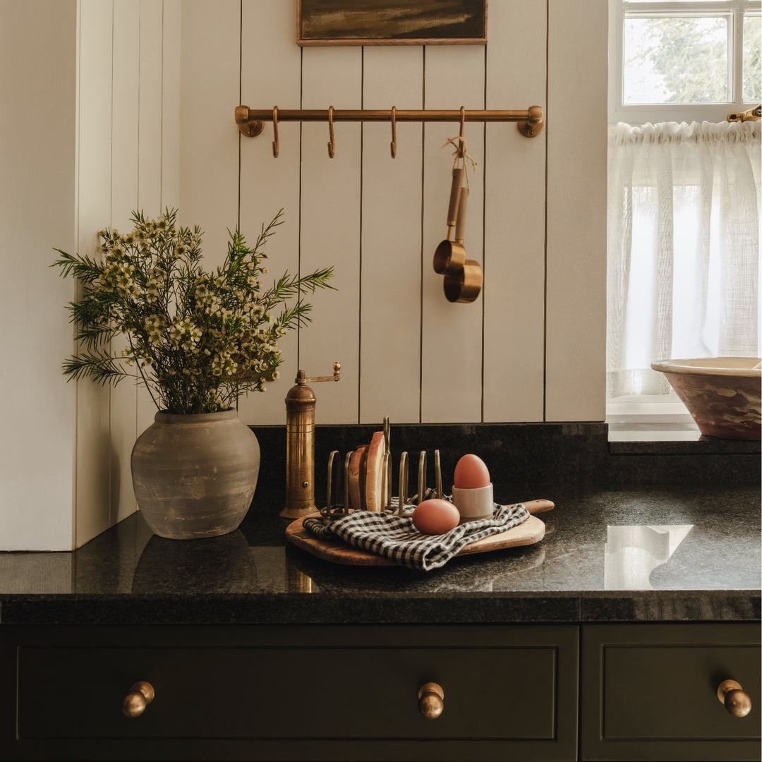 Project and photography by Joey Kendal Brown | Cotswold Pot Rail & S Hooks shown in our aged brass (BEL) finish. 