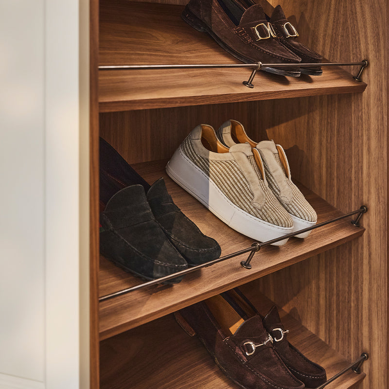 Design by Naked Kitchens | Cotswold Gallery Shelf Rails shown in our dark aged brass (DAB) finish.