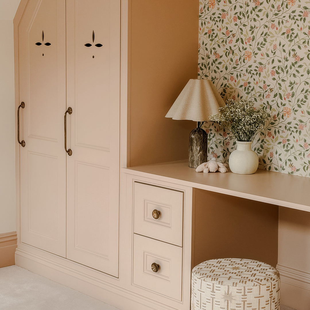 Project by Jessica Simone Designs | Carpentry by Ben Bailey | Whimsical Cabinet Handles and Whimsical Tutu Cabinet Knobs shown in burnished bronze (BR).